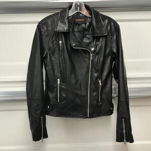 Ambiance Outerwear Moto Jacket Womens Medium Black Faux Leather Biker Zip lined